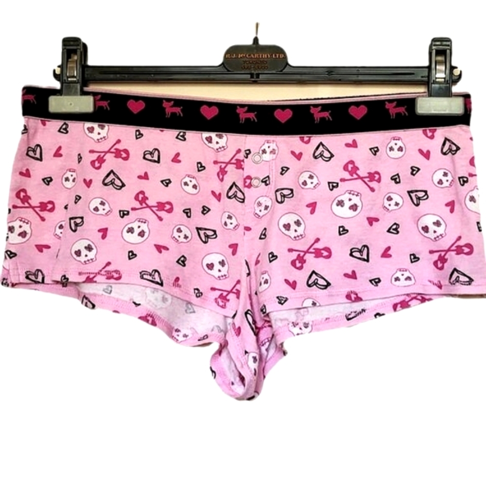 REQUEST Y2K Pink Pajama PJ Shorts Skulls/Guitars/Hearts/Cats Size Medium